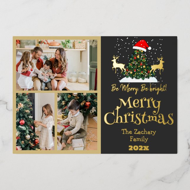 Elegant Reindeer Christmas Family Photo Collage Foil Holiday Card (Front)