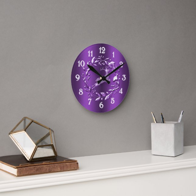 Elegant Reindeer Christmas Purple Round Clock (Office)