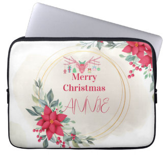 Elegant Reindeer Floral Christmas Holiday Party Laptop Sleeve