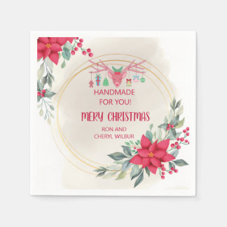 Elegant Reindeer Floral Christmas Holiday Party Napkin