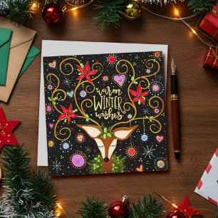 Elegant Reindeer Floral Christmas Wishes Holiday Card