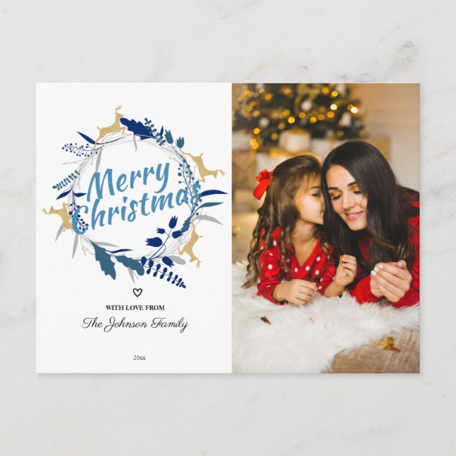 Elegant Reindeer Floral Christmas Wreath Photo Holiday Postcard (Front)