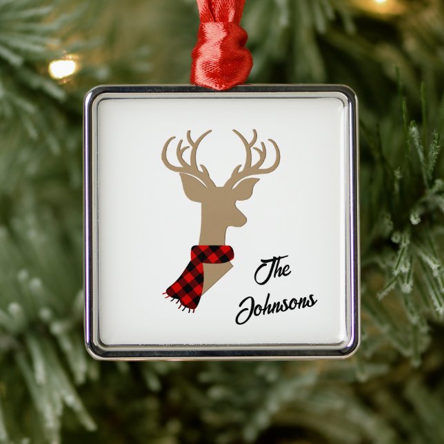 Elegant Reindeer Personalised Family Name Metal Ornament (Tree)