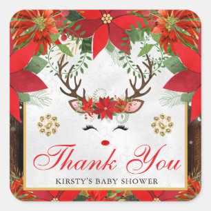 Elegant Reindeer Poinsettia Baby Shower Square Sticker