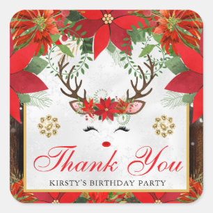Elegant Reindeer Poinsettia Birthday Favour Square Sticker