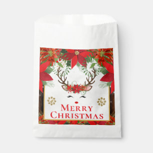 Elegant Reindeer Poinsettia Merry Christmas Favour Bag