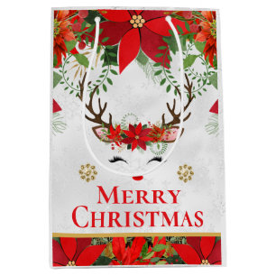 Elegant Reindeer Poinsettia Merry Christmas Medium Gift Bag
