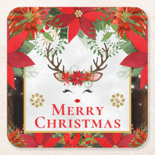 Elegant Reindeer Poinsettia Merry Christmas Square Paper Coaster