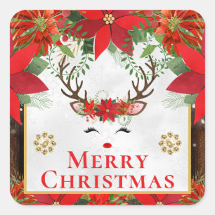 Elegant Reindeer Poinsettia Merry Christmas Square Sticker
