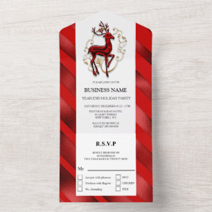 Elegant reindeer red gold year end dinner party all in one invitation
