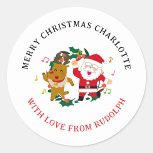 Elegant Reindeer & Santa Christmas Family Name Classic Round Sticker