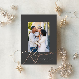 Elegant Rejoice Religious Christmas Photo Rose Foil Holiday Card