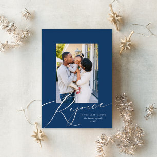 Elegant Rejoice Religious Christmas Photo Silver Foil Holiday Card