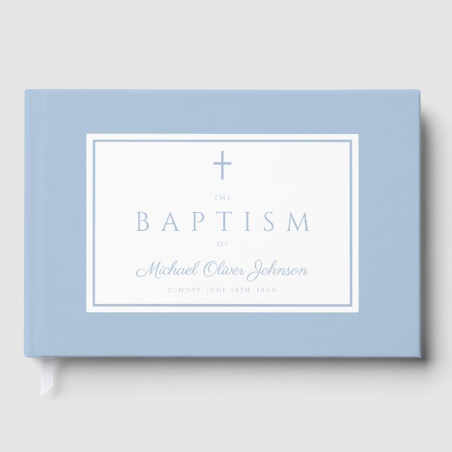 Elegant Religious Baby Blue Boy Baptism Guest Book (Front)
