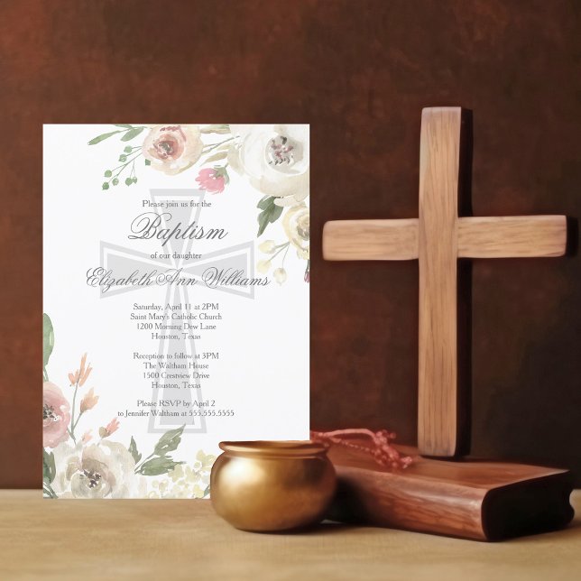 Elegant Religious Baptism Ceremony Pink Floral Invitation (Creator Uploaded)