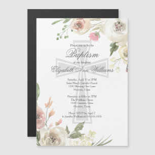 Elegant Religious Baptism Ceremony Pink Floral Magnetic Invitation
