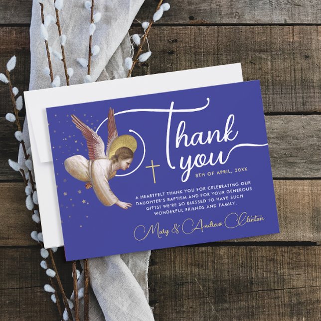 Elegant Religious Blue White Angel Blessing Script Thank You Card (Creator Uploaded)