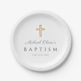 Elegant Religious Cross Blue Boy Baptism Paper Plate