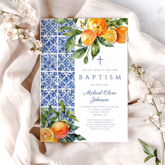 Elegant Religious Cross Blue Tiles Baptism Invitation (Elegant Religious Cross Blue Tiles Baptism Invitation)