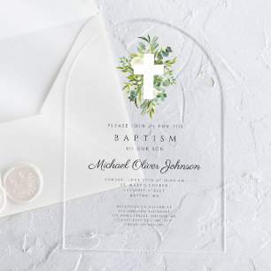 Elegant Religious Cross Botanical Baptism Acrylic Invitations