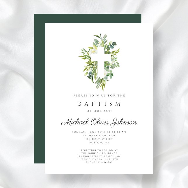 Elegant Religious Cross Botanical Baptism Invitation (Elegant Religious Cross Botanical Baptism Invitation)