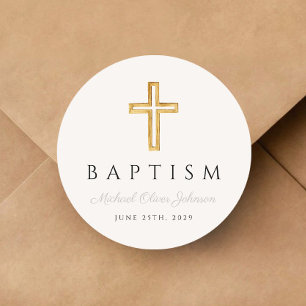 Elegant Religious Cross Boy Baptism Classic Round Sticker