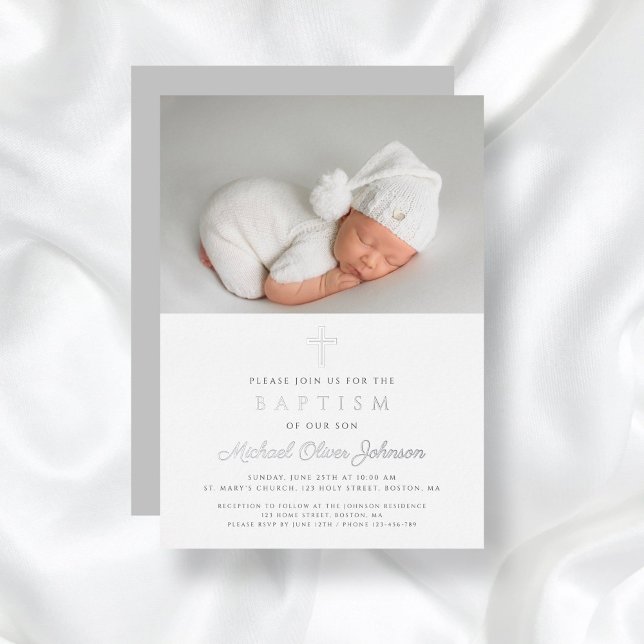 Elegant Religious Cross Boy Baptism Photo Silver (Elegant Religious Cross Boy Baptism Photo Silver Foil Invitation)