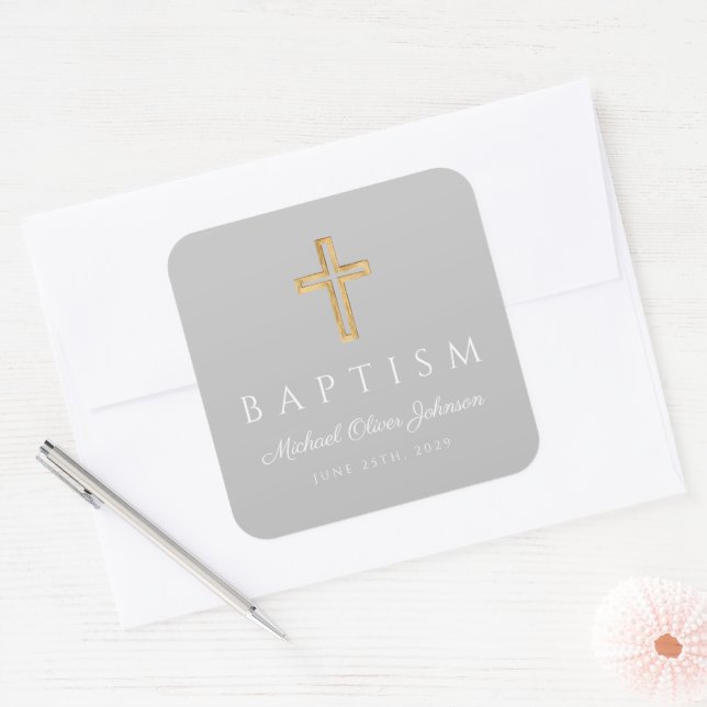 Elegant Religious Cross Boy Baptism Square Sticker (Envelope)
