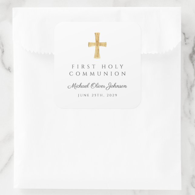 Elegant Religious Cross Boy First Communion  Square Sticker (Bag)