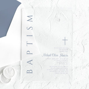 Elegant Religious Cross Dusty Blue Boy Baptism Acrylic Invitations