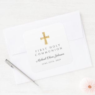 Elegant Religious Cross First Holy Communion Square Sticker