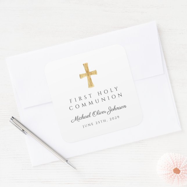 Elegant Religious Cross First Holy Communion  Square Sticker (Envelope)