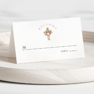Elegant Religious Cross Floral First Communion Place Card