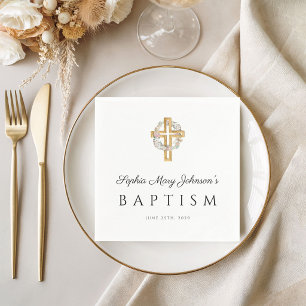 Elegant Religious Cross Floral Wreath Baptism  Napkin