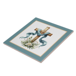 Elegant Religious cross flowers Ceramic Tile
