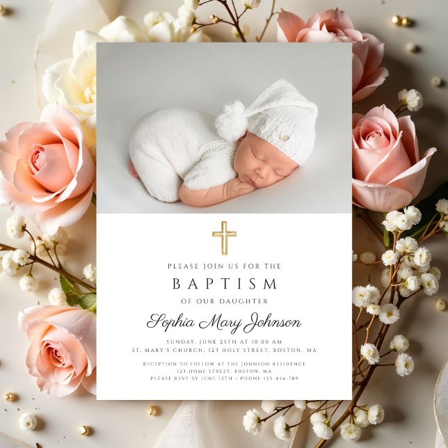 Elegant Religious Cross Girl Photo Baptism Invitation (Elegant Religious Cross Girl Photo Baptism Invitation)