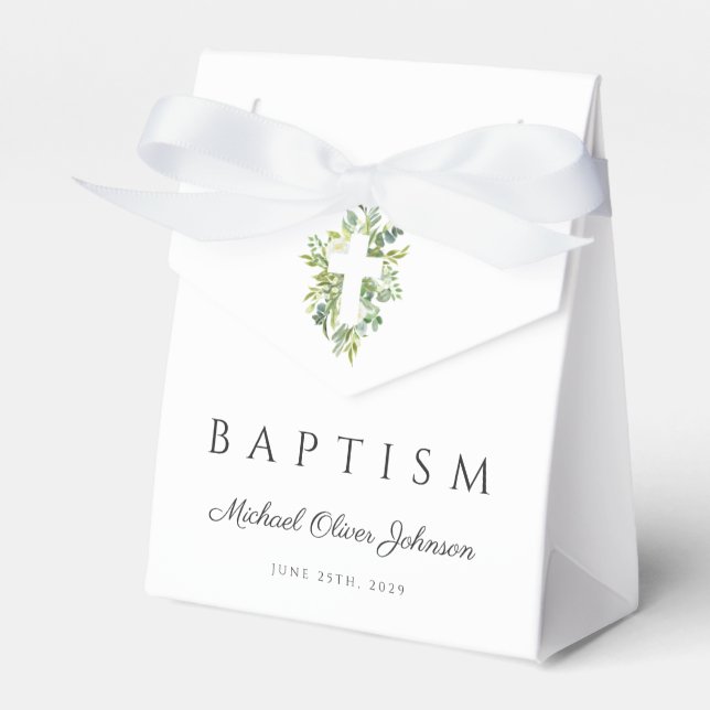 Elegant Religious Cross Green Botanical Baptism Favour Box (Front Side)