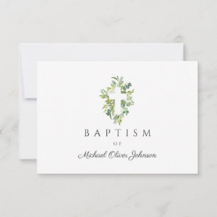 Elegant Religious Cross Green Botanical Baptism RSVP Card