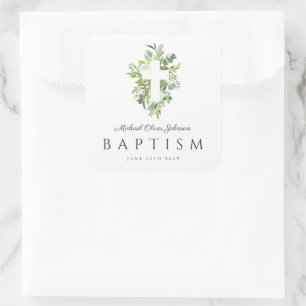 Elegant Religious Cross Green Botanical Baptism Square Sticker