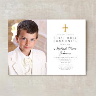 Elegant Religious Cross Photo Boy First Communion Invitation