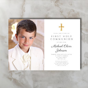 Elegant Religious Cross Photo Boy First Communion Invitation