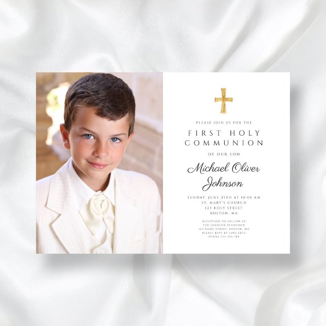 Elegant Religious Cross Photo Boy First Communion Invitation (Elegant Religious Cross Photo Boy First Communion Invitation)