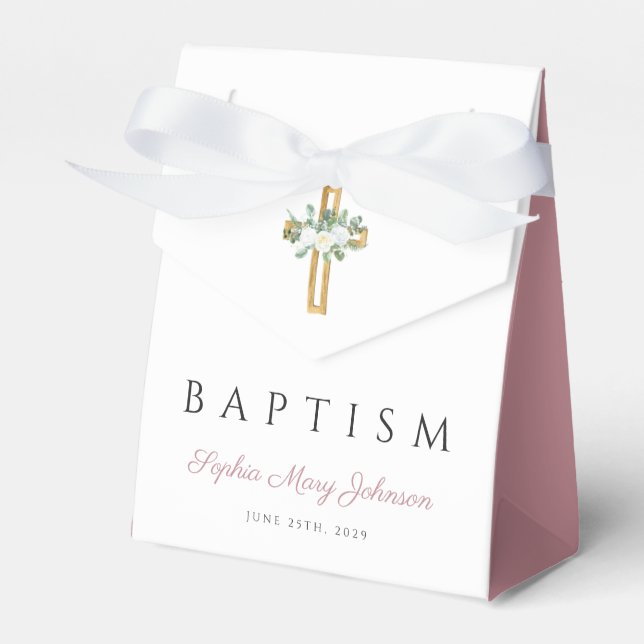 Elegant Religious Cross Pink Floral Baptism Favour Box (Front Side)