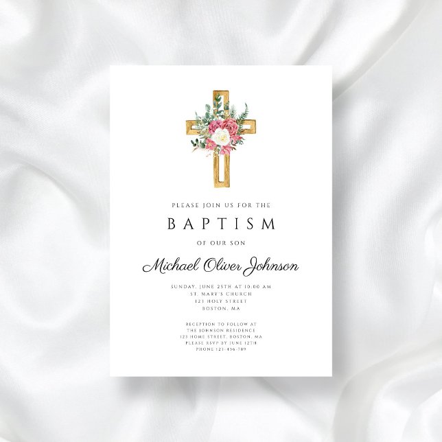 Elegant Religious Cross Pink Floral Baptism  Invitation (Elegant Religious Cross Pink Floral Baptism Invitation)