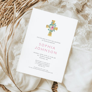 Elegant Religious Cross Pink Floral Girl Baptism Invitation