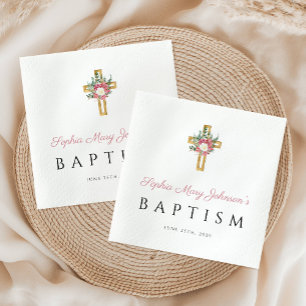 Elegant Religious Cross Pink Floral Girl Baptism  Napkin