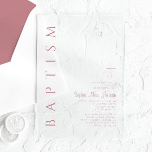 Elegant Religious Cross Pink Girl Baptism Acrylic Invitations
