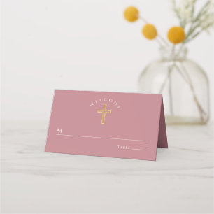 Elegant Religious Cross Pink Girl Baptism  Place Card