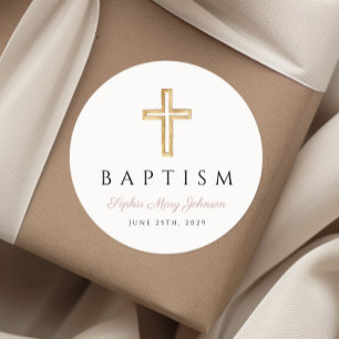 Elegant Religious Cross Pink Script Girl Baptism  Classic Round Sticker