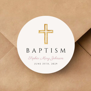 Elegant Religious Cross Pink Script Girl Baptism Classic Round Sticker